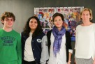 Au siège de l'AEFE à Paris, de g. à dr. : les sentinelles du climat, Gabriel et Carla, leur enseignante de SVT, Guénaëlle Kervella, et la directrice de l'Agence, Hélène Farnaud-Defromont.