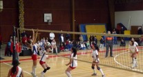 Phase de jeux lors d'une rencontre de volley dames des Jeux inter-alliances 2013