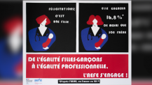 Concours d’affiches "Égalité professionnelle" 2022 – Affiche finaliste - Lycée français de Barcelone, Espagne ("Félicitation ! C’est une fille…")